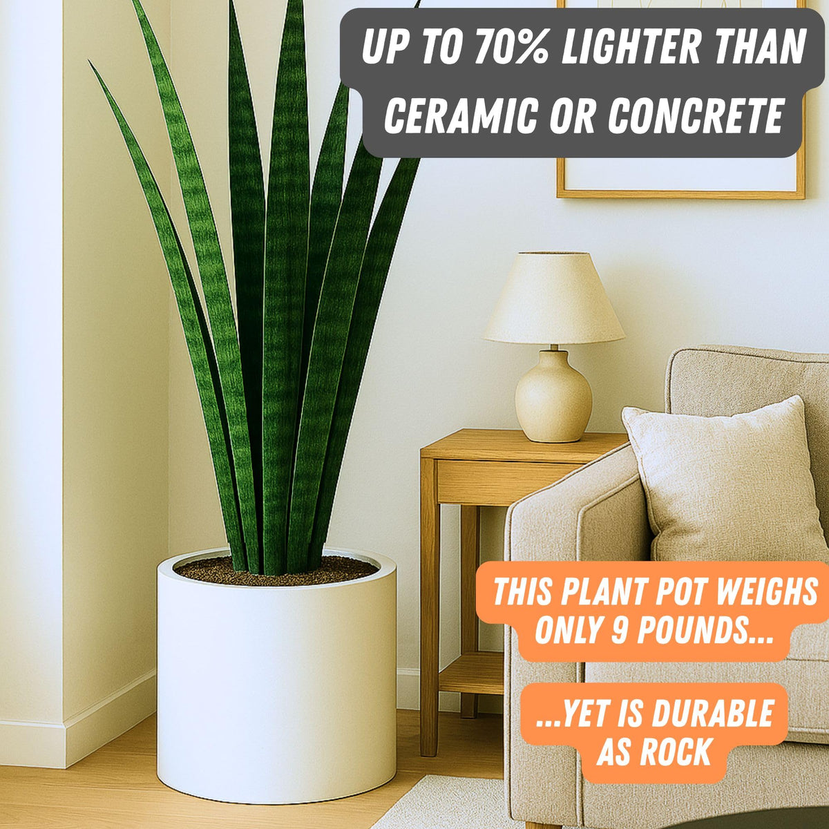 Fox & Fern matte white planter with lightweight ceramic-like fiberstone finish