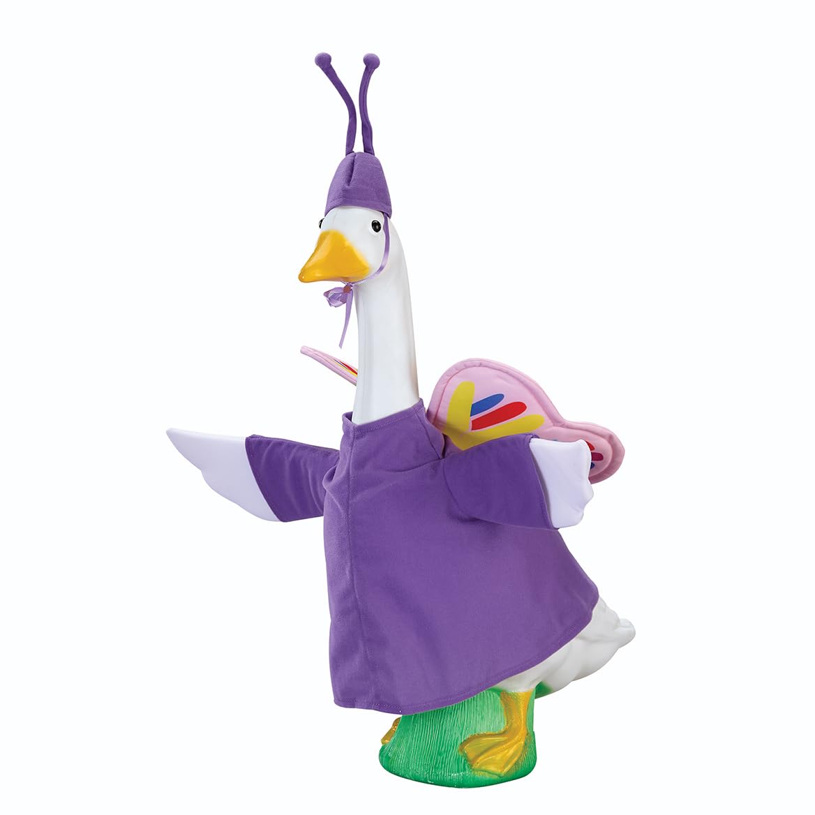 Fox Valley Traders Gaggleville butterfly goose outfit on 23-inch statue adds whimsical color