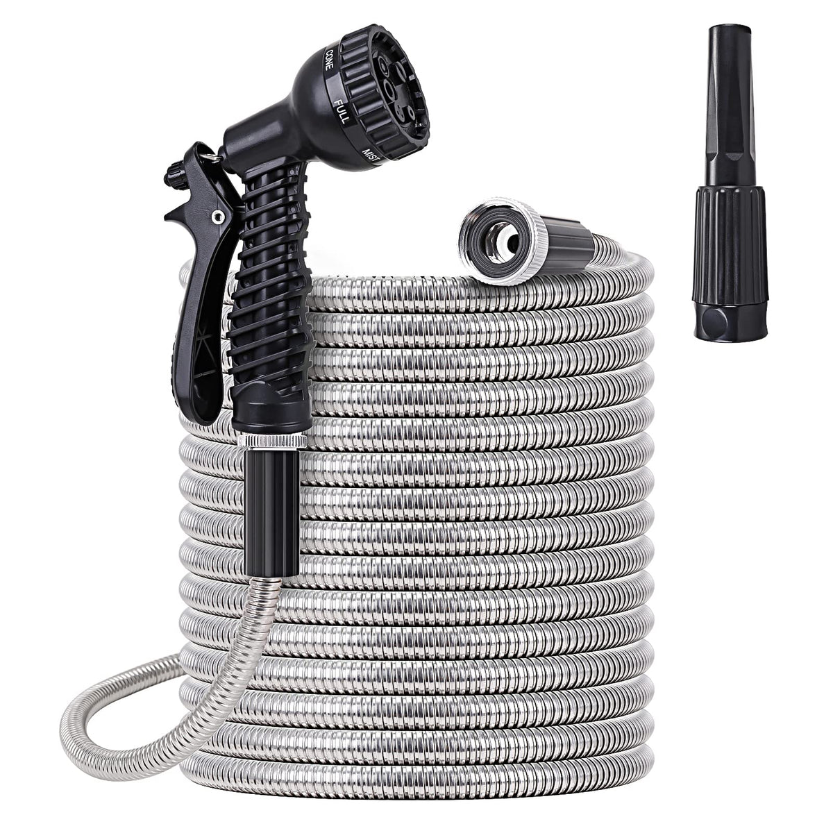 FOXEASE metal garden hose 50ft in coiled steel for durable daily watering.
