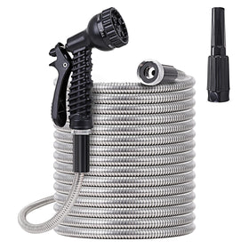 FOXEASE metal garden hose 50ft in coiled steel for durable daily watering.