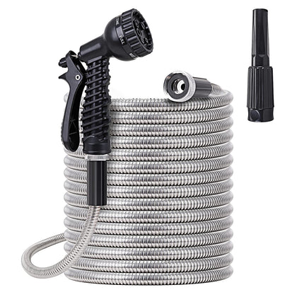 FOXEASE metal garden hose 50ft in coiled steel for durable daily watering.