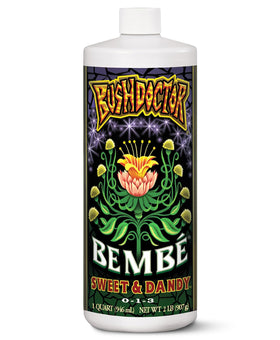 FoxFarm Bembé Sweet & Dandy liquid fertilizer bottle being poured to feed soil and improve flavor.