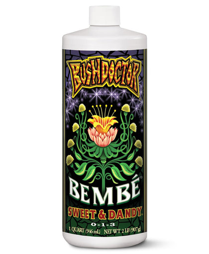 FoxFarm Bembé Sweet & Dandy liquid fertilizer bottle being poured to feed soil and improve flavor.