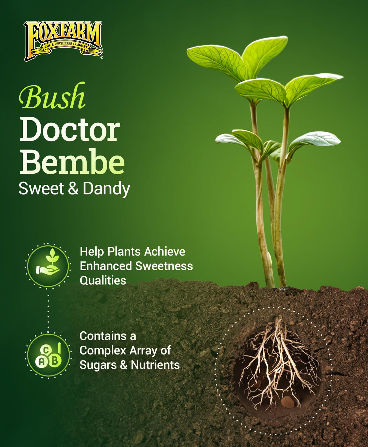 Close-up of FoxFarm Bembé Sweet & Dandy label showing the nutrient blend.