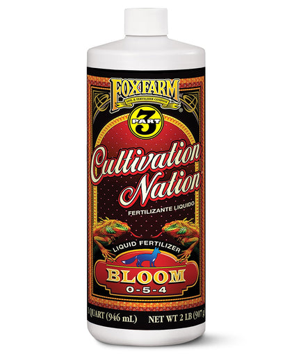 FoxFarm Cultivation Nation Bloom bottle being poured for weekly flowering feed