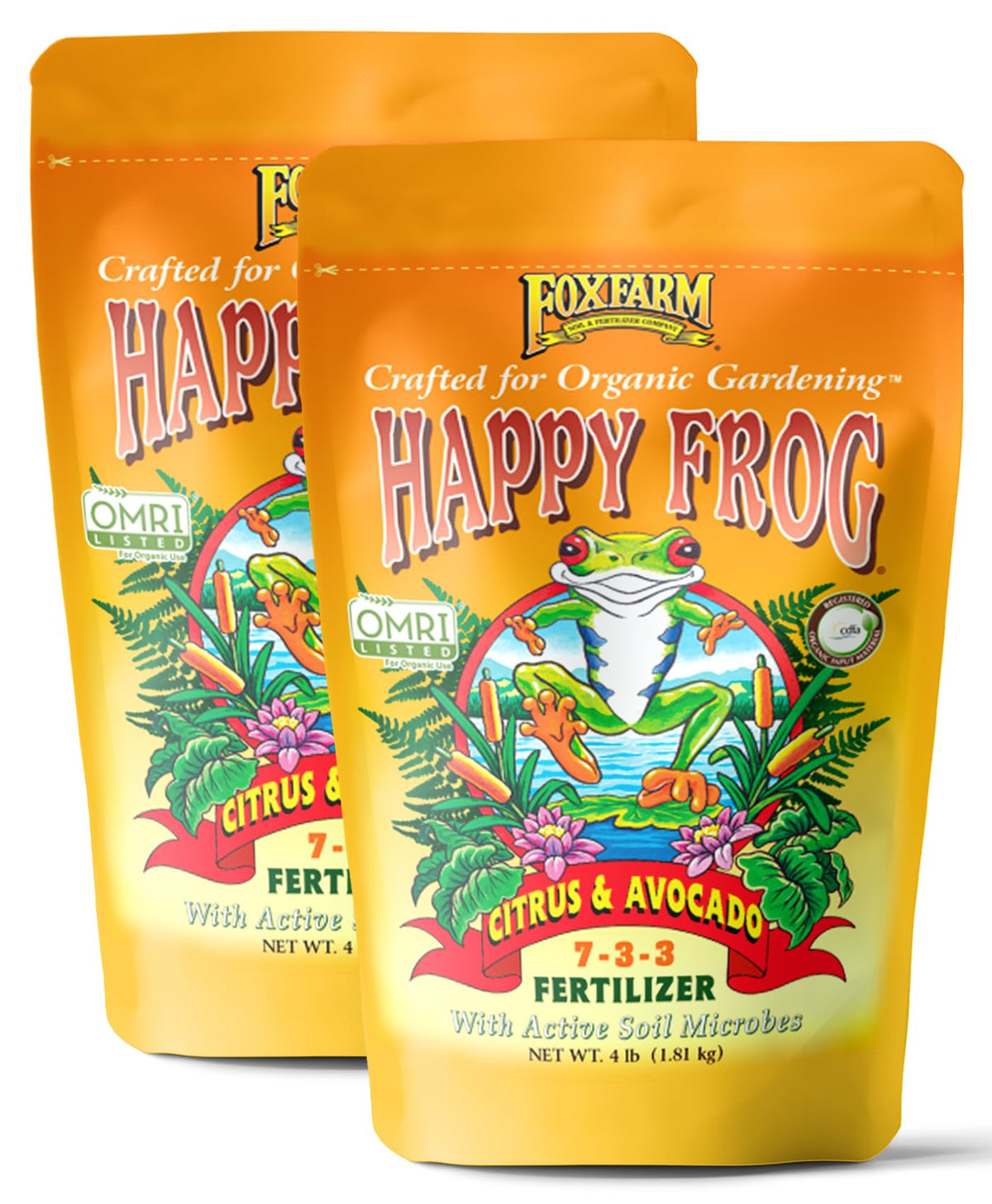 FoxFarm Happy Frog Citrus & Avocado fertilizer bag, 2-pack for organic tree nutrition.