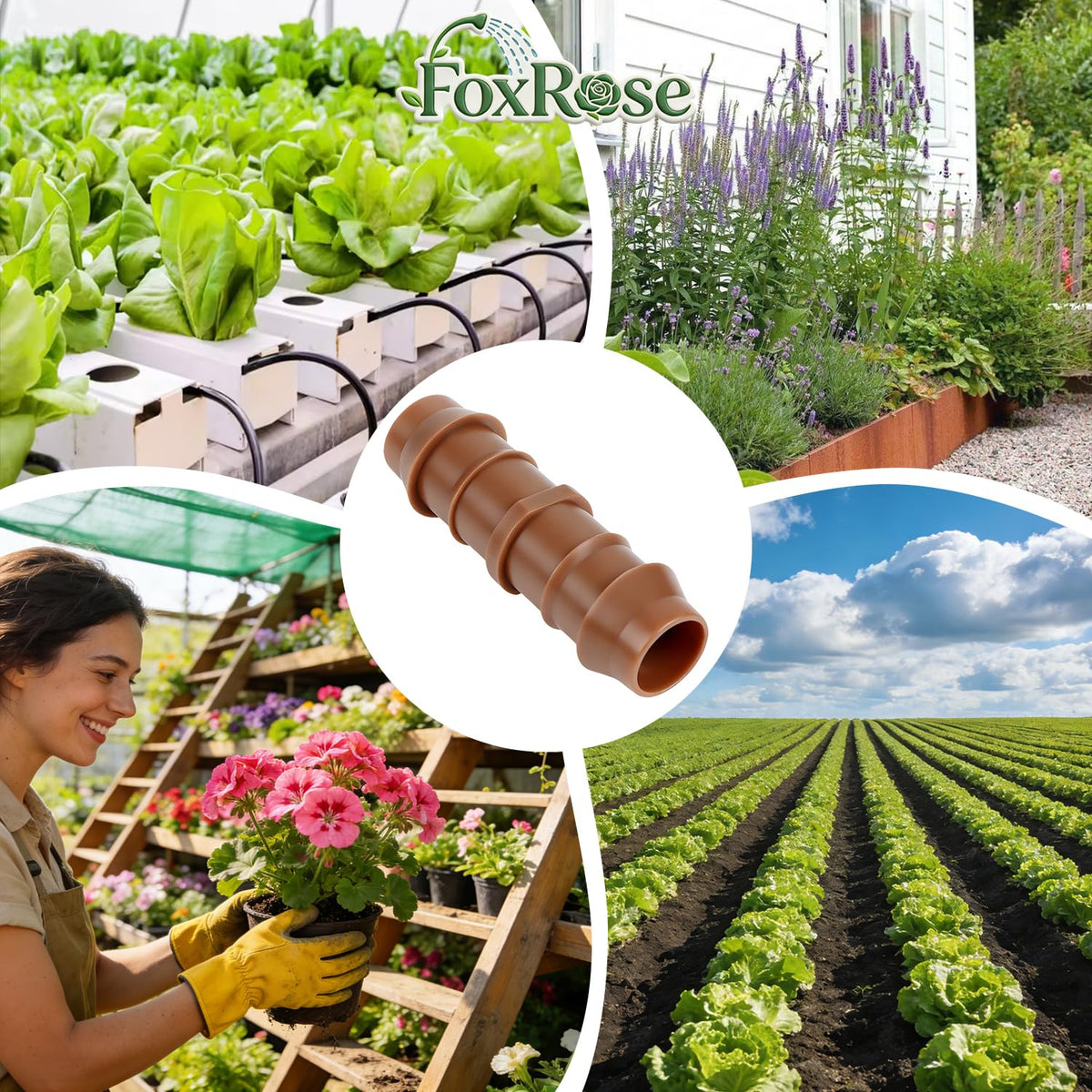 FoxRose wide-application garden-landscape-greenhouse for versatile irrigation in raised beds and lawns.