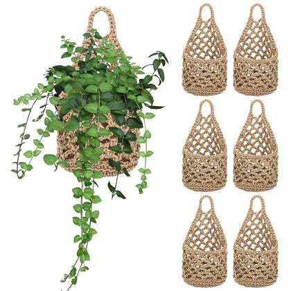 Foxtell 6-pack macrame plant hangers display six plants for a compact wall garden.
