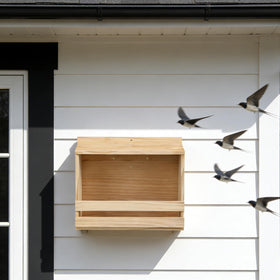 Foxtell open-mourning-dove-nesting-box close-up shows durable wood grain.