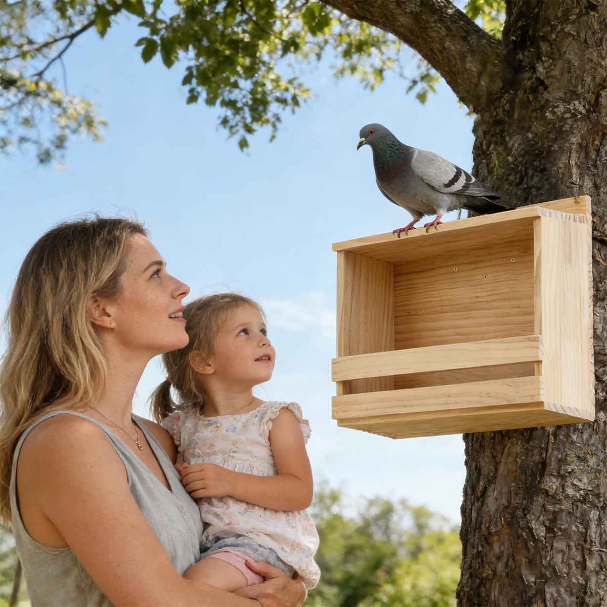 Foxtell open-mourning-dove-nesting-box placed in a yard to invite birds.
