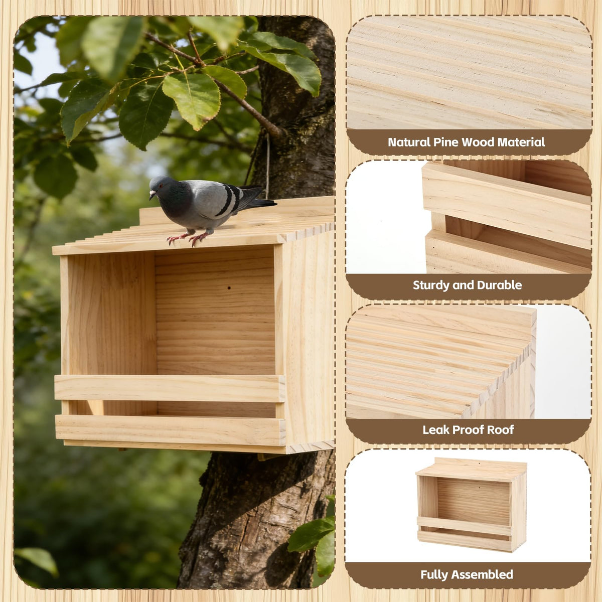 Foxtell open-mourning-dove-nesting-box roof detail channels rain away from interior.