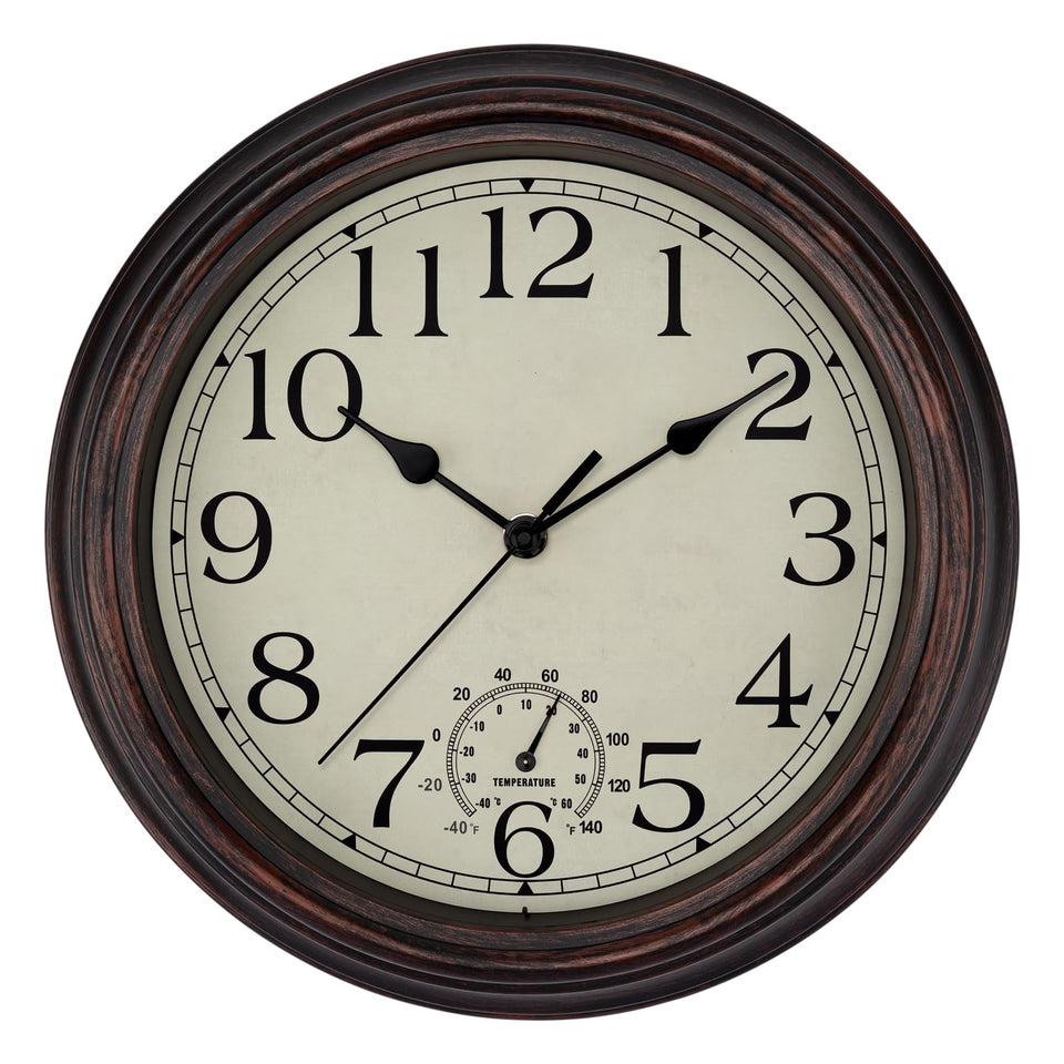 Foxtop bronze wall clock front view suitable for indoor and outdoor use.