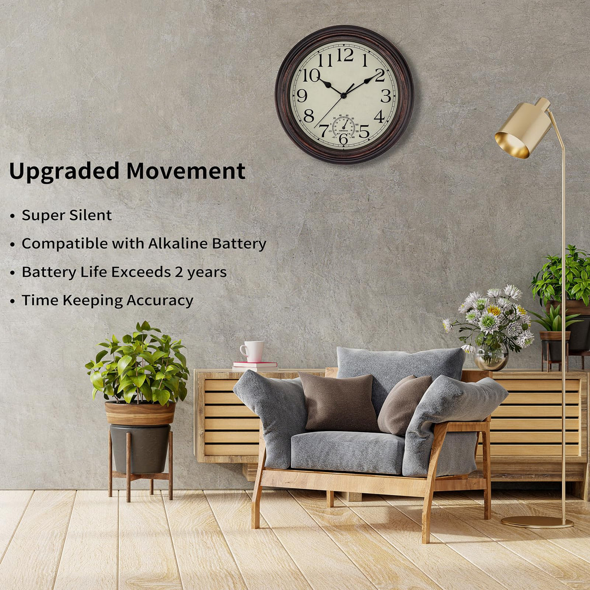 Foxtop 12-inch analog quartz clock delivers silent operation.