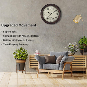 Foxtop 12-inch analog quartz clock delivers silent operation.