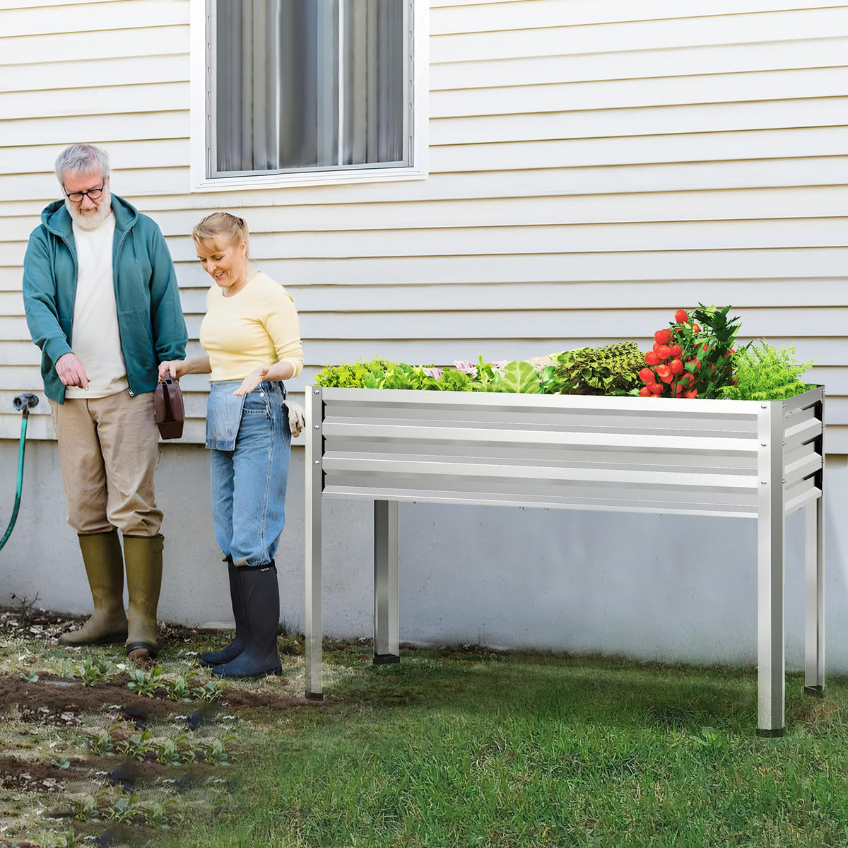 FOYUEE galvanized raised garden bed front view, sturdy frame for outdoor use.