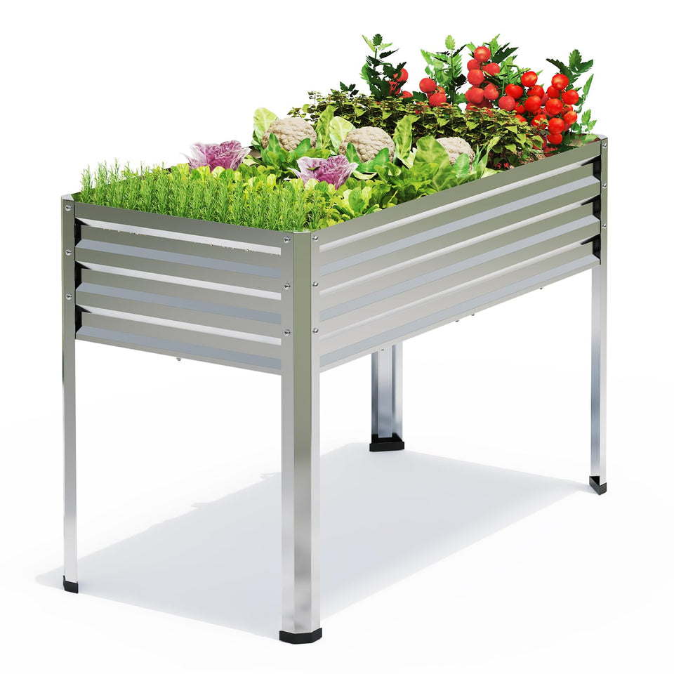 FOYUEE galvanized raised garden bed side view, ergonomic height for easier planting.