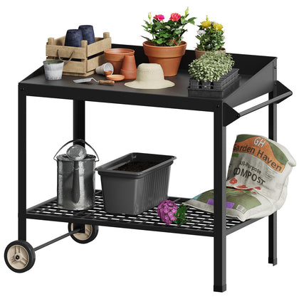 FOYUEE metal potting bench with wheels for easy garden mobility.