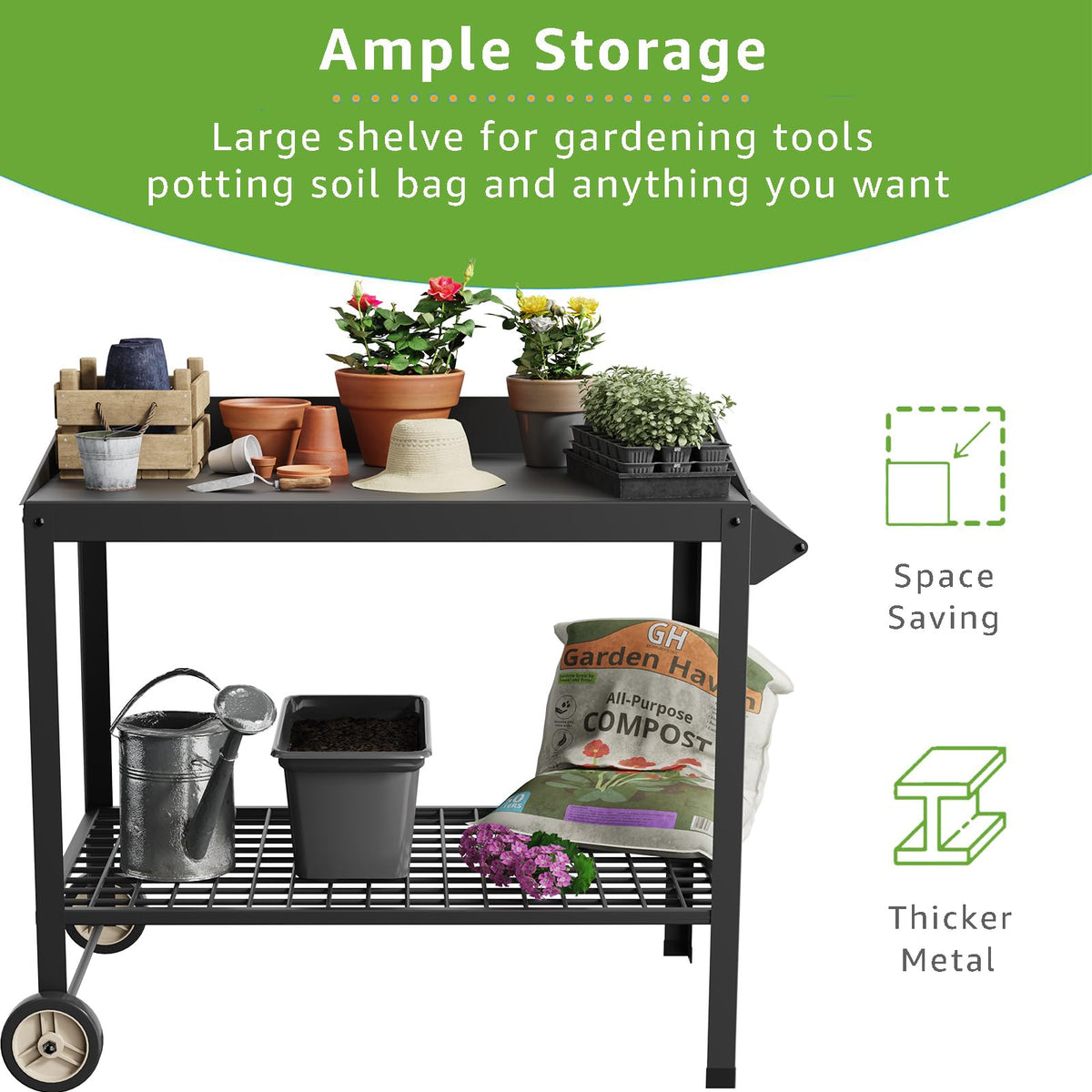 FOYUEE potting bench shelf area 36x22 for soil bags and tools.