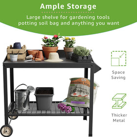 FOYUEE potting bench shelf area 36x22 for soil bags and tools.
