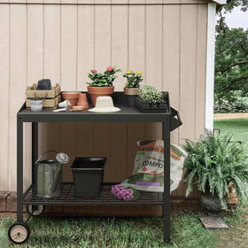 FOYUEE potting bench side view shows weatherproof finish for all seasons.