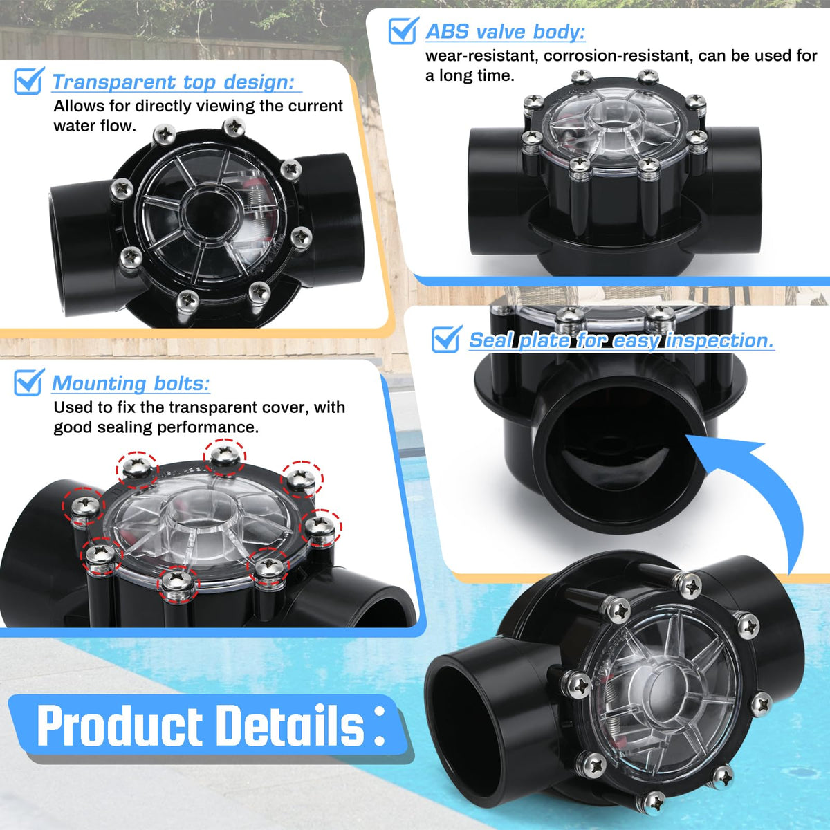 FQRANBO 7305 valve highlights universal plumbing fit for common pool lines.
