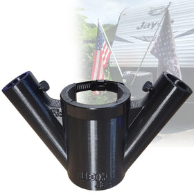Freedom Jack camper flag mount attached to a tongue jack for easy camping display