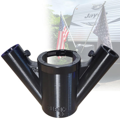 Freedom Jack camper flag mount attached to a tongue jack for easy camping display