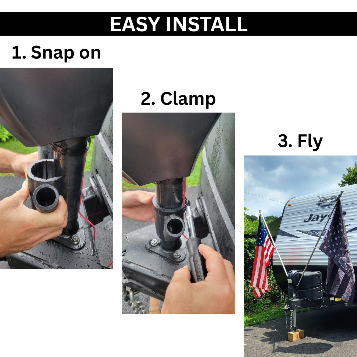 Freedom Jack supports standard one-inch flag poles or three-quarter-inch PVC options