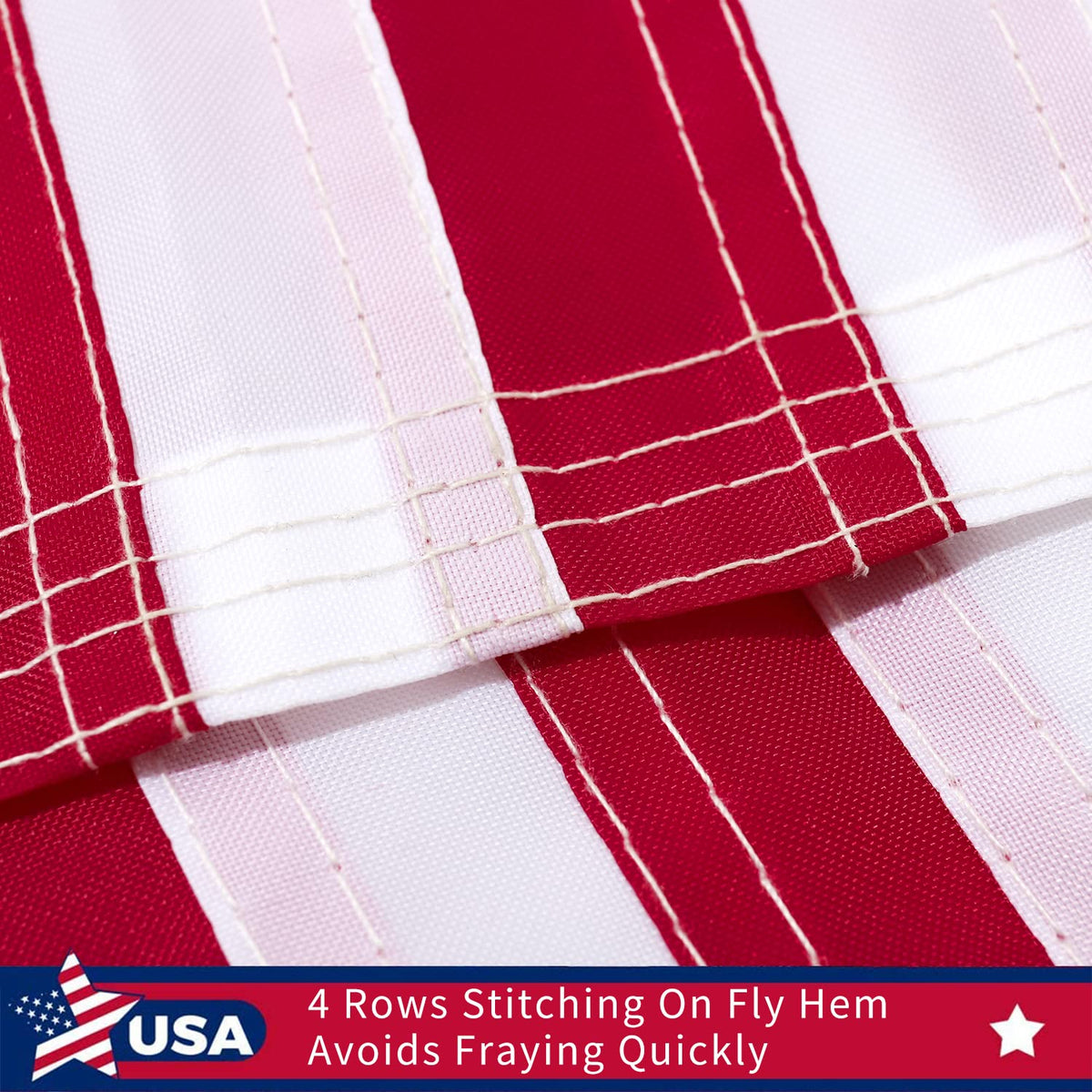 Freefy flag showing two-row stitching on fly hem for enhanced durability.