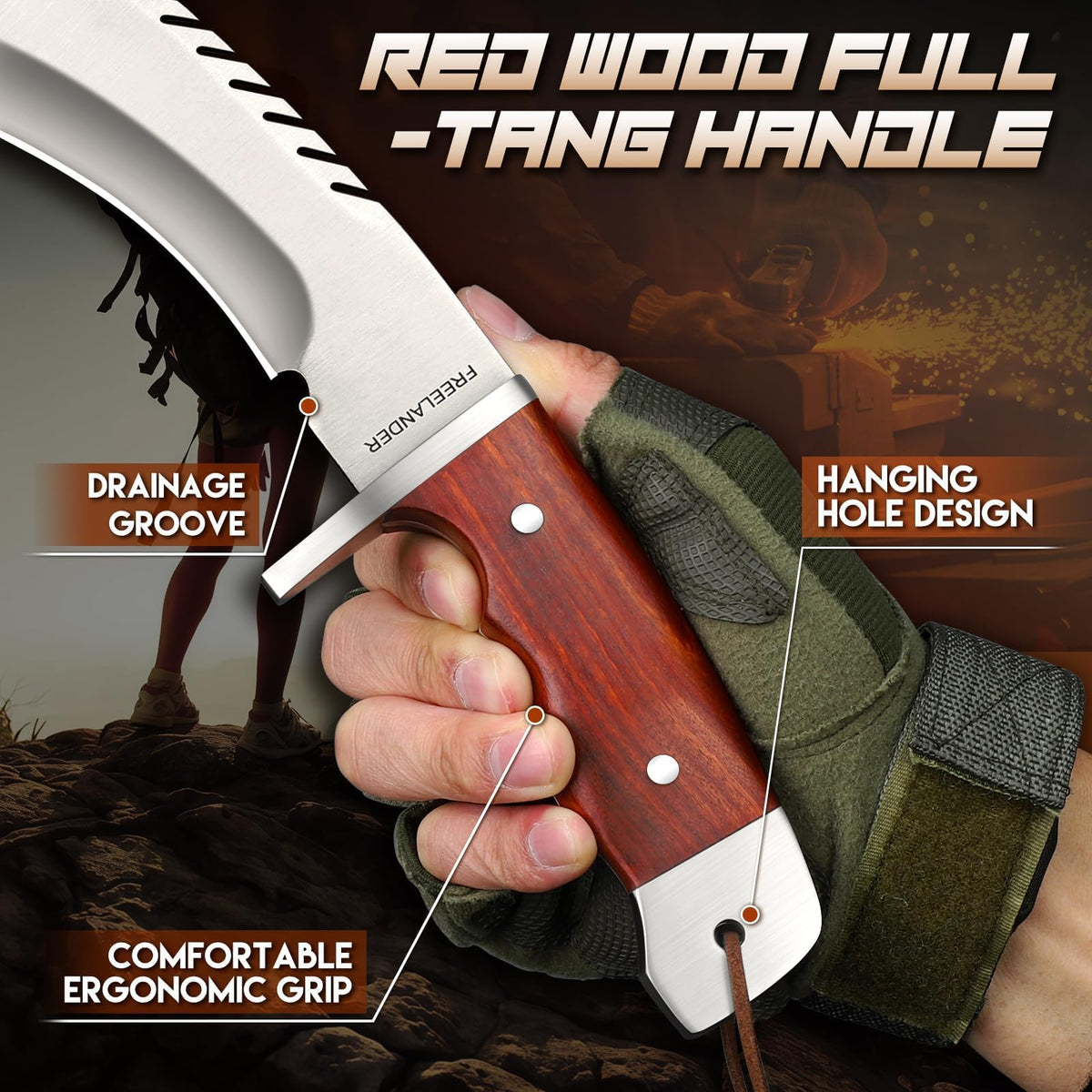 Freelander Kukri Machete wooden handle grip in wet conditions