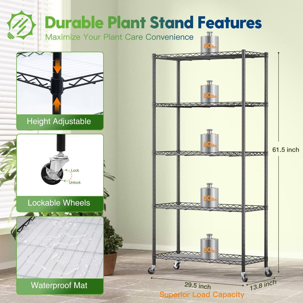 FREELICHT adjustable height feature lets you space levels for tall plants.