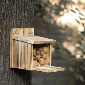 Rustic handmade wood construction of the Freezing Point feeder adds charm to gardens.