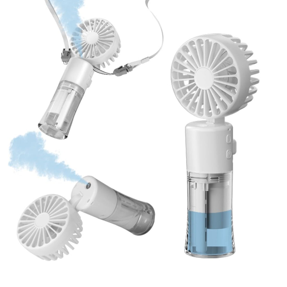 Frelisiy handheld misting fan side view for portable cooling on hot days.