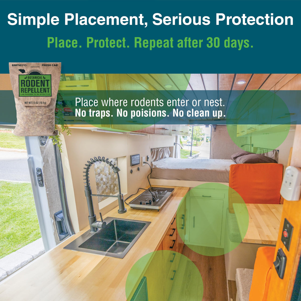 Fresh Cab pouch inside an RV cabinet for rodent deterrence