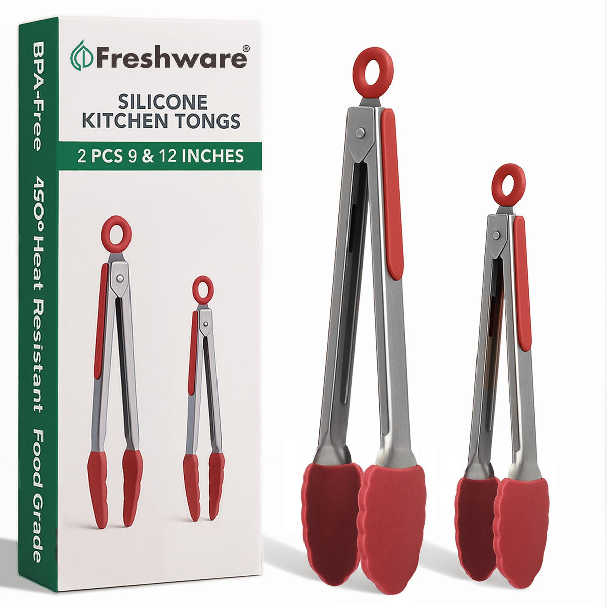 Freshware stainless steel kitchen tongs with 9-inch silicone tips offer a secure grip on foods.