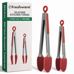 Freshware stainless steel kitchen tongs with 9-inch silicone tips offer a secure grip on foods.