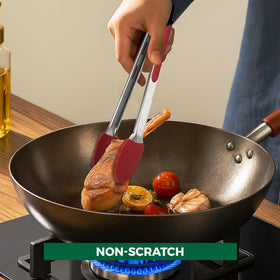 Freshware stainless steel tongs resist heat up to 450°F without scratching nonstick surfaces.