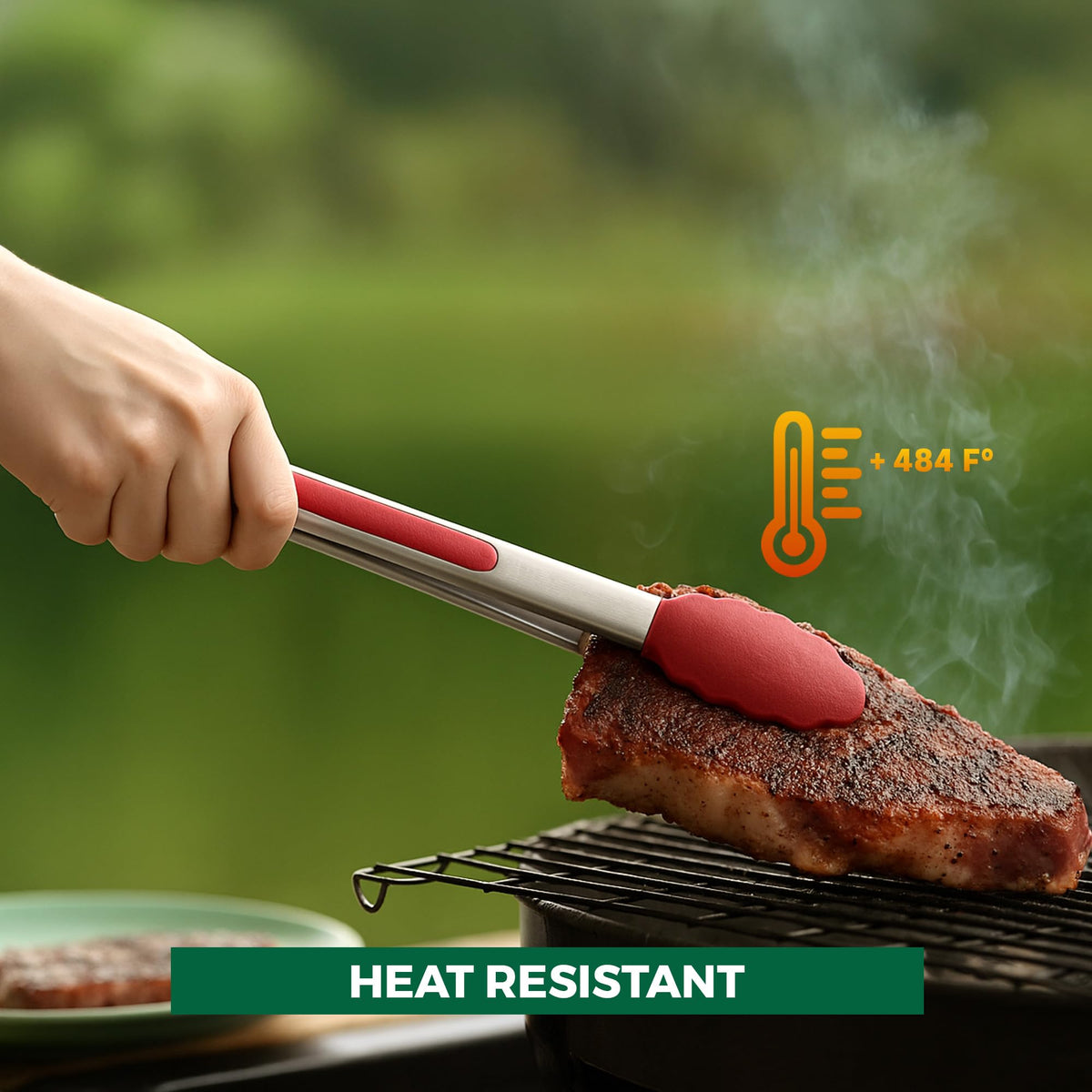 Close-up of Freshware burgundy tongs showing soft silicone tips for non-slip handling.