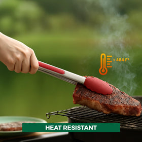 Close-up of Freshware burgundy tongs showing soft silicone tips for non-slip handling.