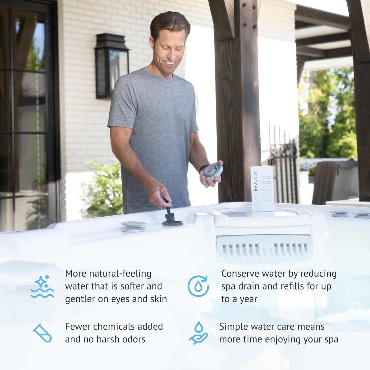 FreshWater titanium generator cartridge promotes automatic chlorine production for steady spa sanitation.