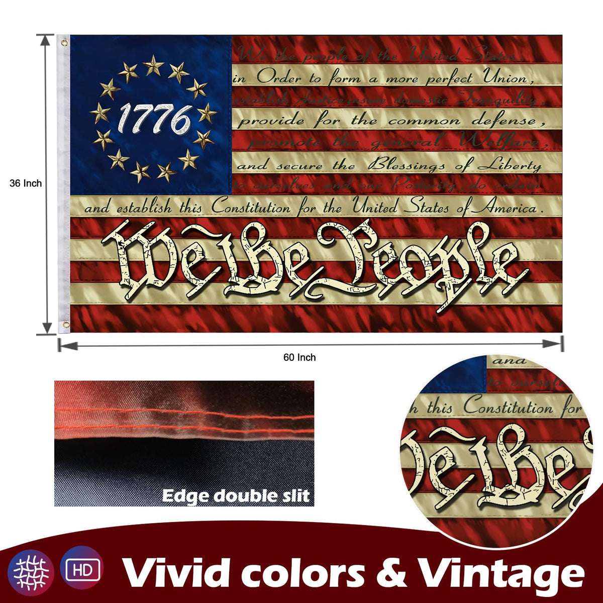 FRF Fun Run Flags Betsy Ross 1776 design on 3x5 flag close-up
