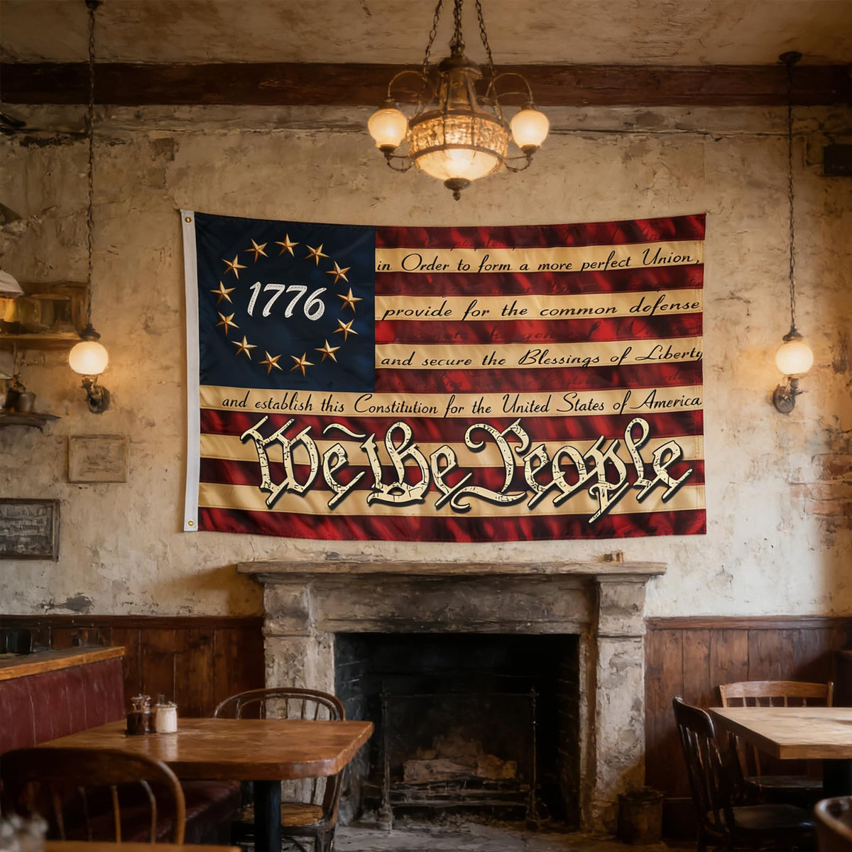 FRF Fun Run Flags We The People flag 3x5 tea-stained with brass grommets close-up