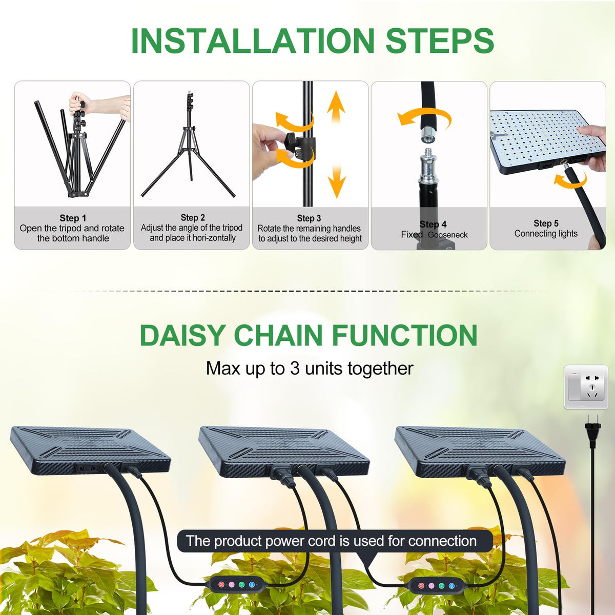 FRGROW 2026 grow light with stand close-up on sturdy frame.