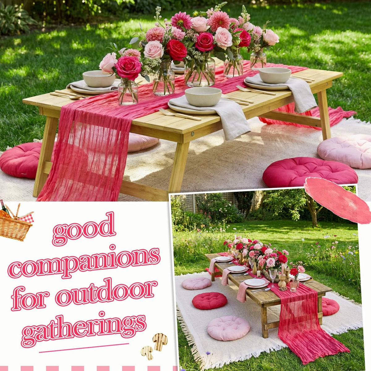 Frienda boho outdoor setup combines woven cotton yarn with cozy cushions.