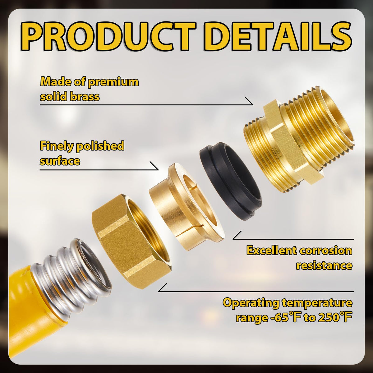 Frienda brass-tone gas connect adapter close-up, durable brass for fuel lines.