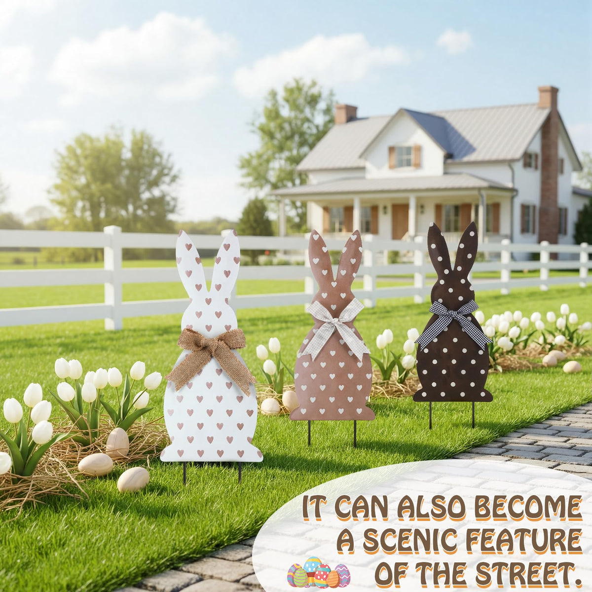 Frienda country farmhouse garden decor creates welcoming front yard ambiance.