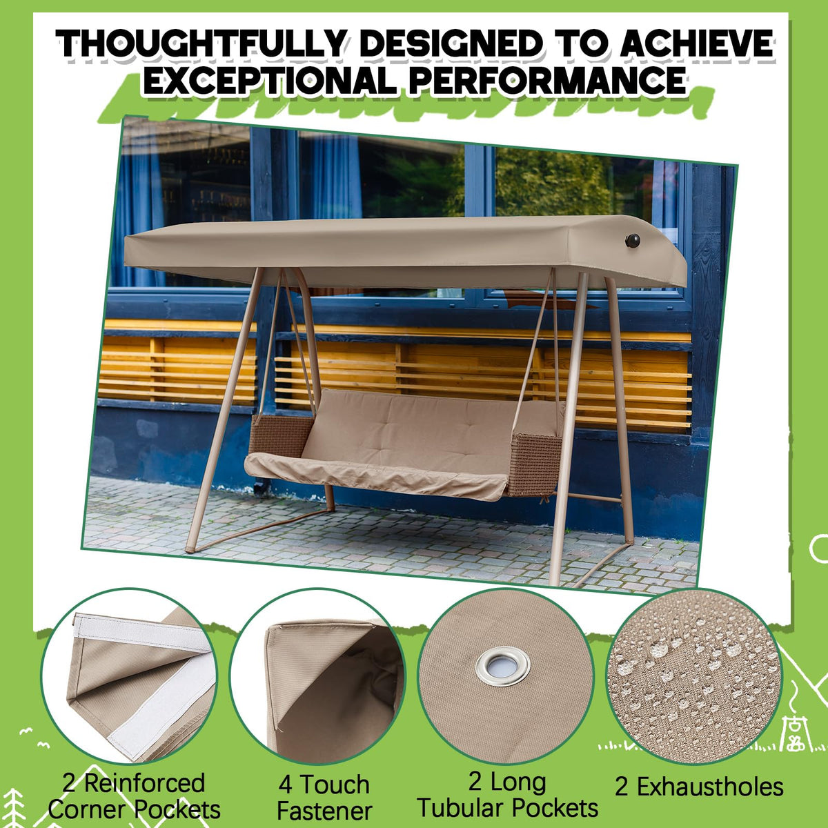 Drain holes in Frienda canopy top prevent water pooling outdoors.