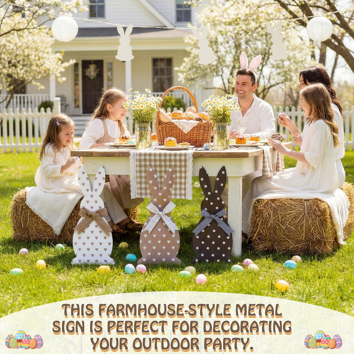 Frienda 13-inch Easter bunny yard sign showcases rustic farmhouse style.