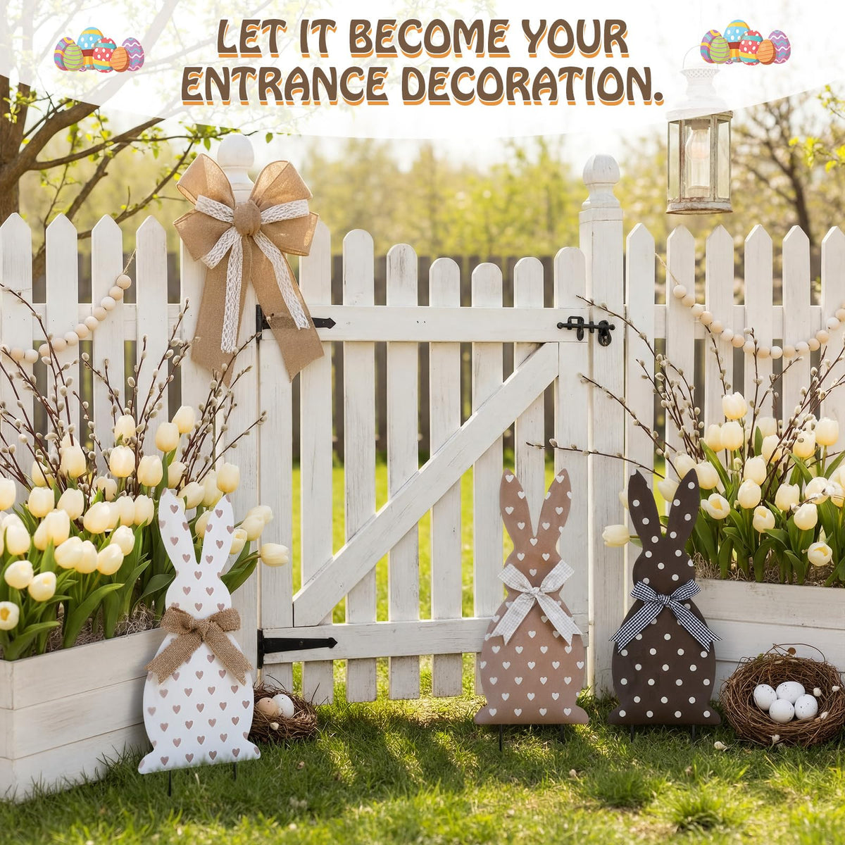 Frienda metal Easter bunny decor with protective coating resists rust.