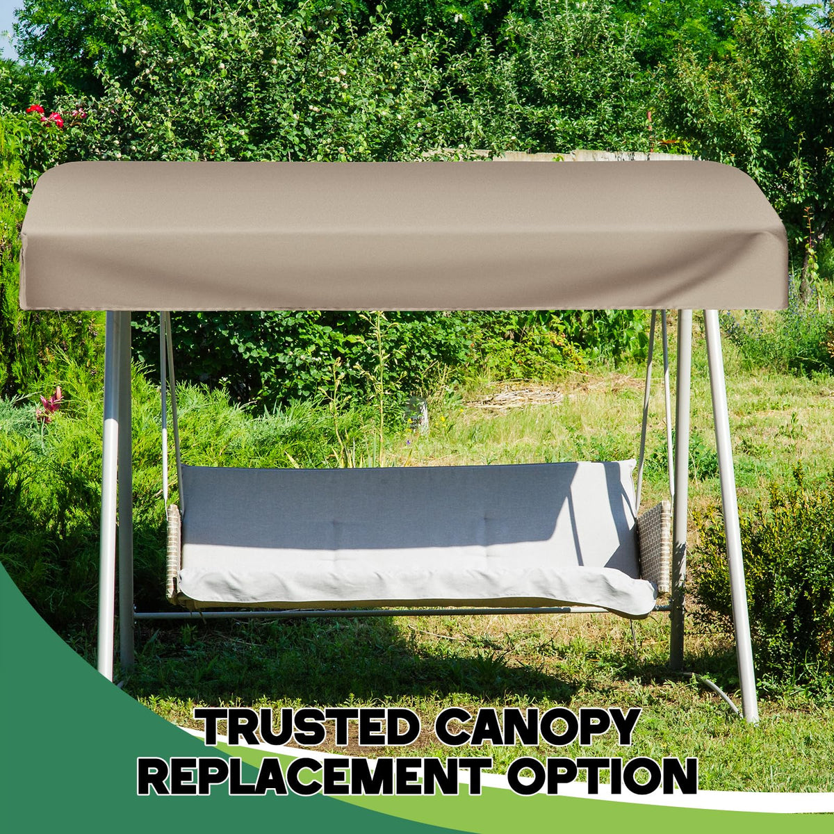 Outdoor scene featuring Frienda canopy top installed over a swing.